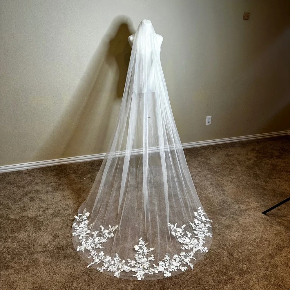 Cathedral Length Bridal Veil with Floral Lace Applique and Metal Comb